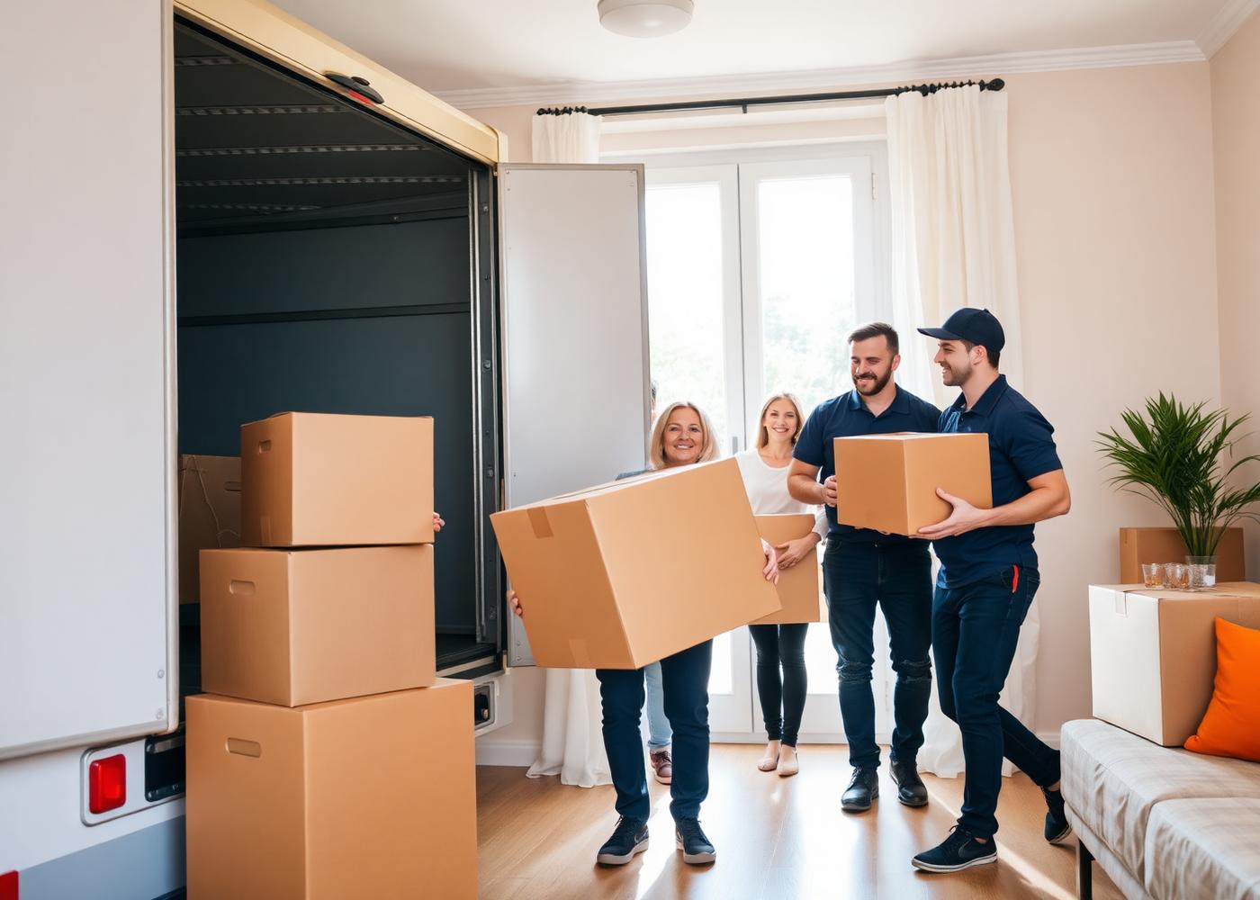 Equipo de mudanzas cargando cajas en un piso de Madrid